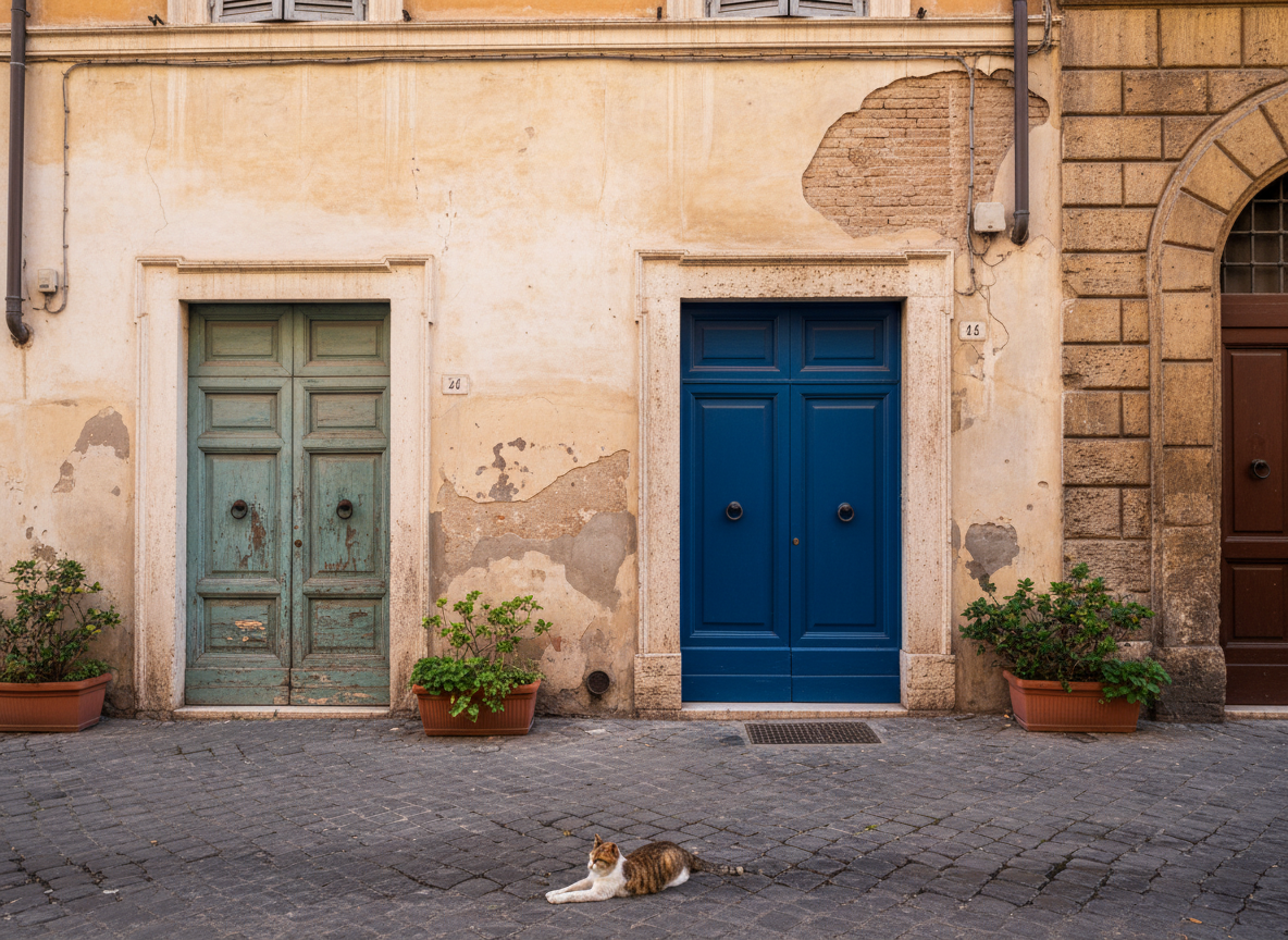 A weathered blue wooden door, third in a row along a sun-warmed Roman street. Soft natural light, freshly painted deliberate blue against aged plaster wall.