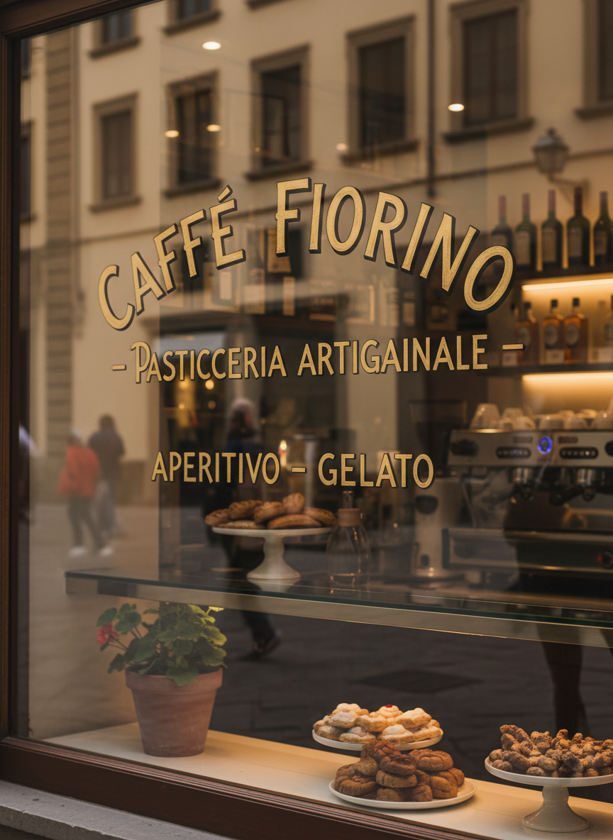 A café window in Florence with hand-lettered painted signage, letters slightly uneven and imperfect, gold and dark script on glass, soft reflections.