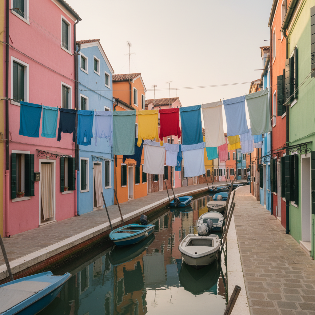 Laundry strung across a narrow canal street in Burano, mid-afternoon light, colourful linens against pastel painted houses, gentle stillness.