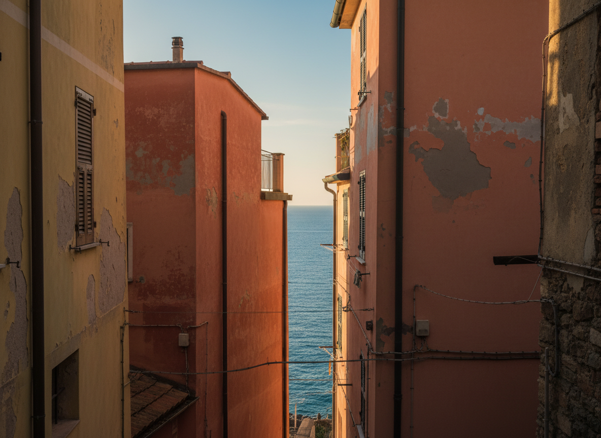 A thin strip of sea glimpsed between two colourful Cinque Terre buildings, framed by accident, only visible from one exact angle.