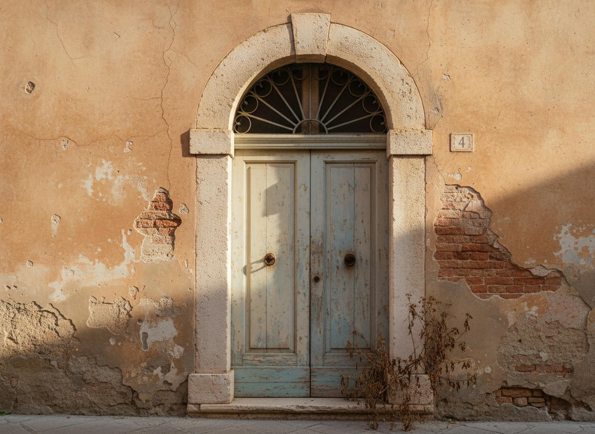 A weathered pastel doorway on an old Italian street, soft directional light and film grain — a quiet observational pause.
