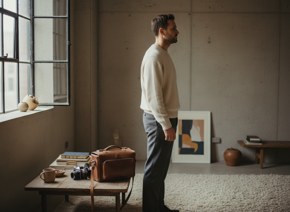 A quiet, contemplative portrait of Kadé in soft natural window light — warm muted tones, film grain, an intimate documentary mood.